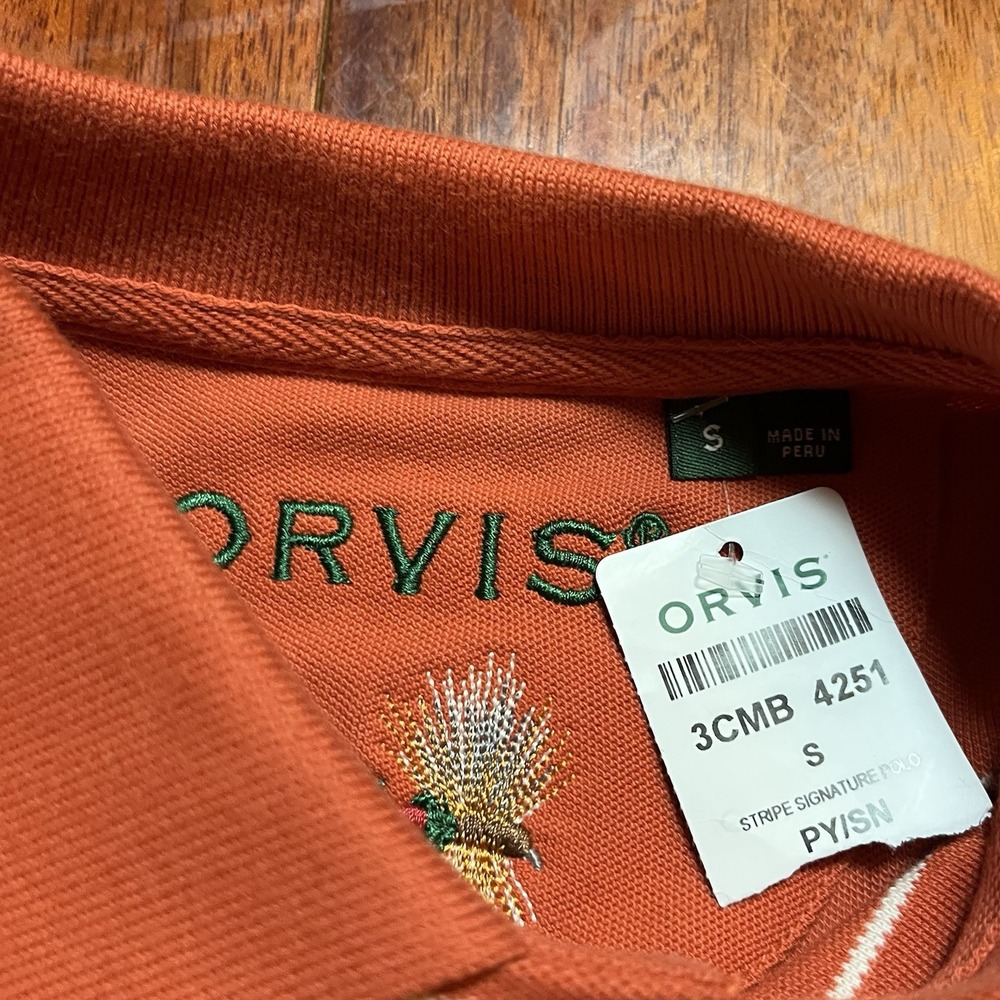 Orvis Polo Shirt Mens Small Salmon Red Striped Signature Polo Casual Preppy - Picture 3 of 8